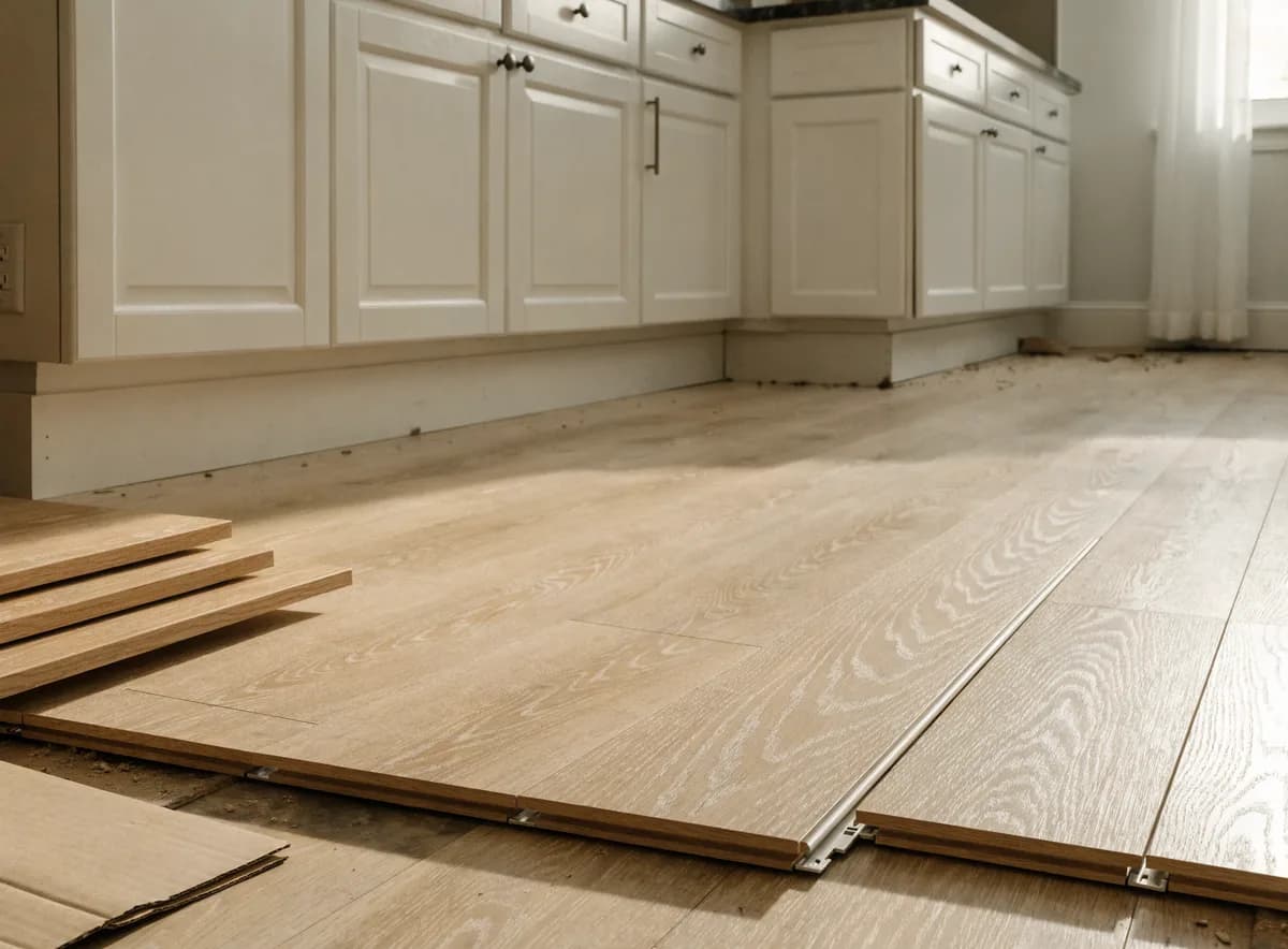 Kitchen floor installed in sequence with cabinet bases