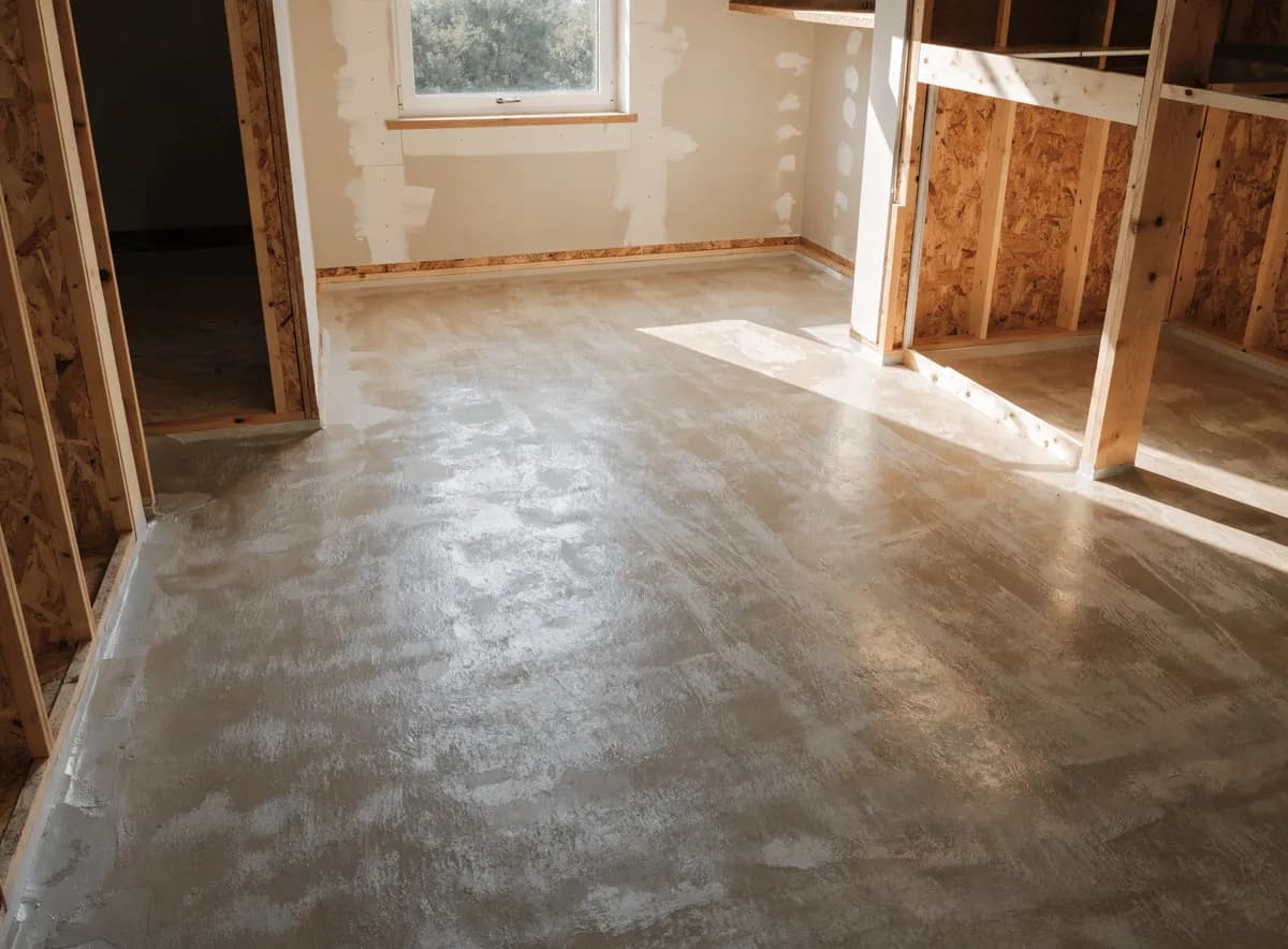 Leveled subfloor prepared for kitchen floor installation