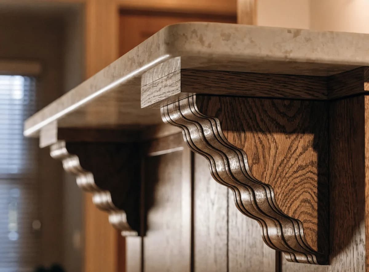 Corbel and steel frame support under an island counter