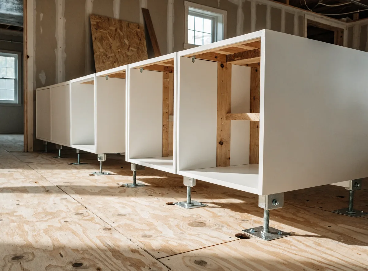 Island base cabinets anchored to the floor during a remodel