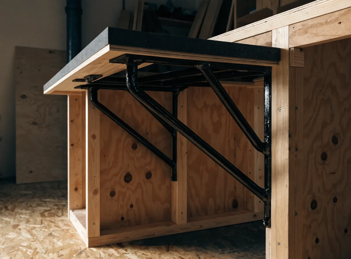Hidden welded steel frame support inside an island cabinet