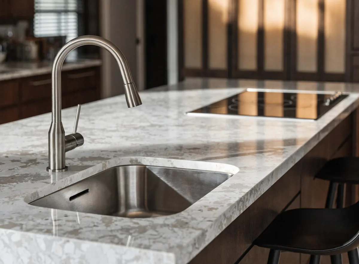 Island with a prep sink and cooktop in a remodeled kitchen