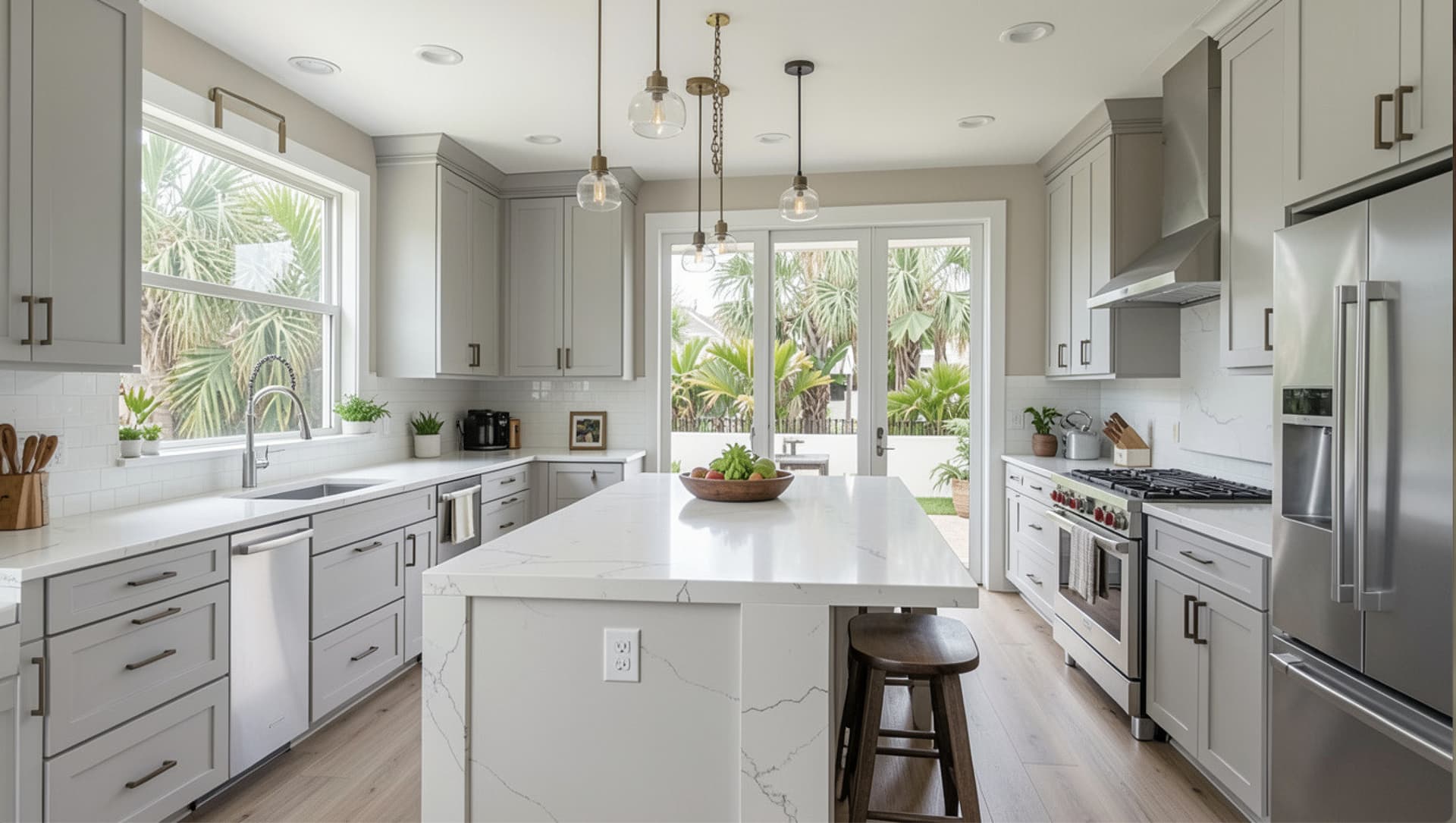 Completed kitchen remodel with layered lighting and island pendants, Miami-Dade County
