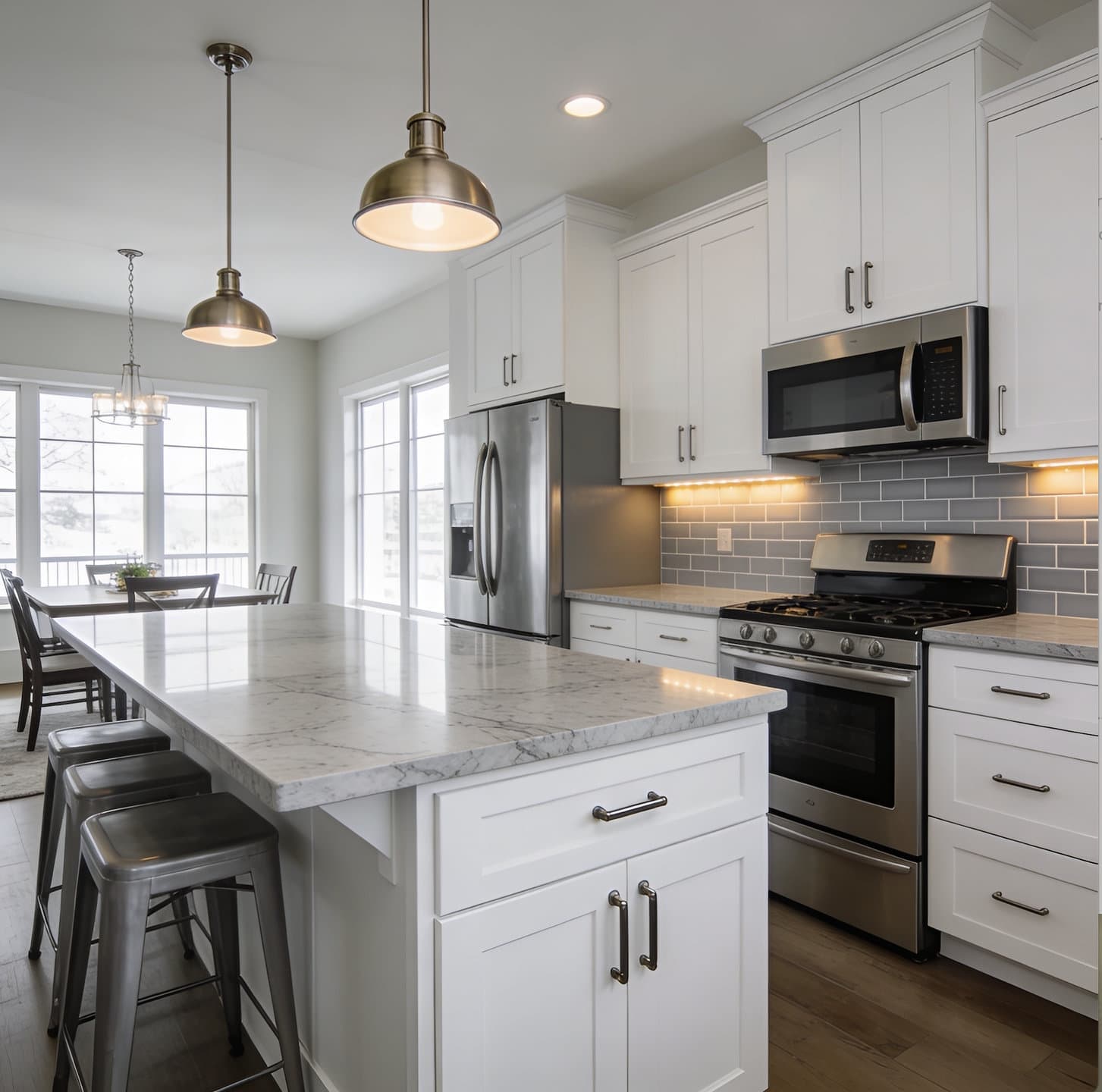Under-cabinet LED lighting along a gray subway backsplash, Miami-Dade County