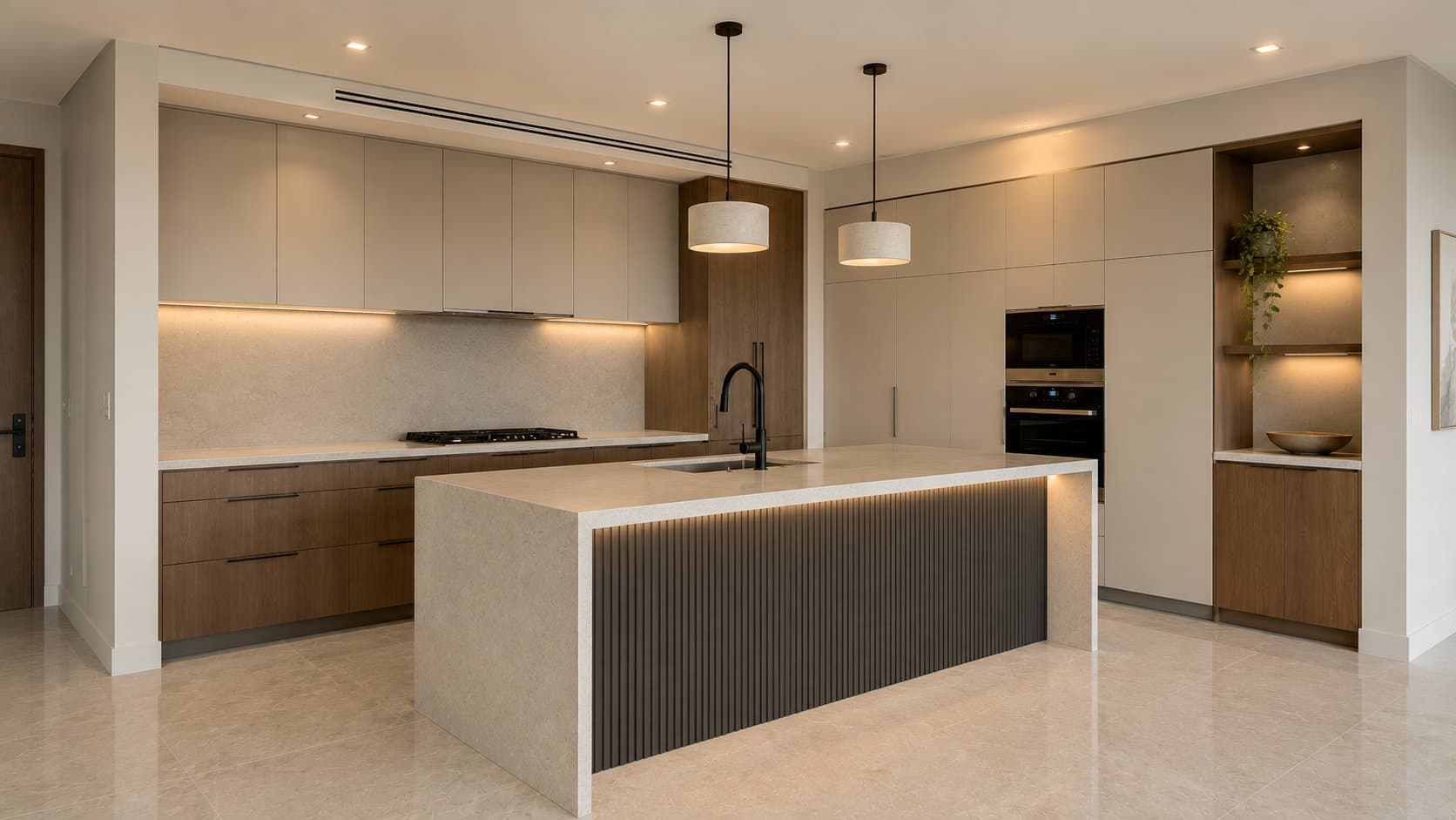 Completed Italian kitchen remodel with quartzite waterfall island in a Miami-Dade high-rise condo