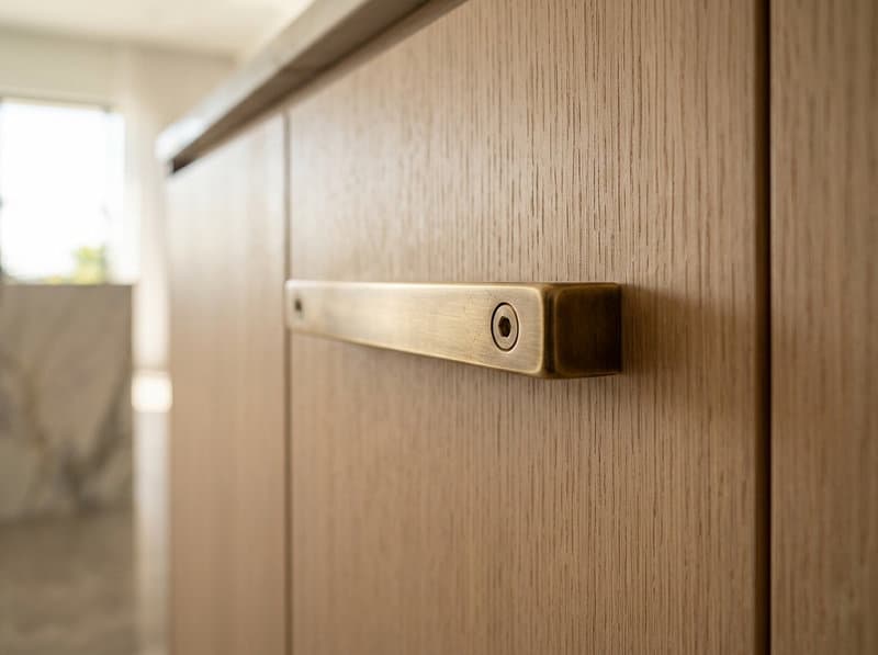Completed coastal Miami-Dade kitchen — solid brass cabinet pull detail