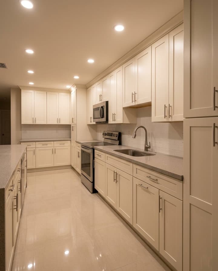 Completed mid-range kitchen remodel with domestic semi-custom cabinetry and quartz counters