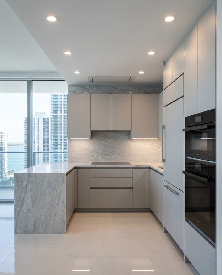 Completed elevated kitchen remodel with German semi-custom cabinetry and quartzite counters