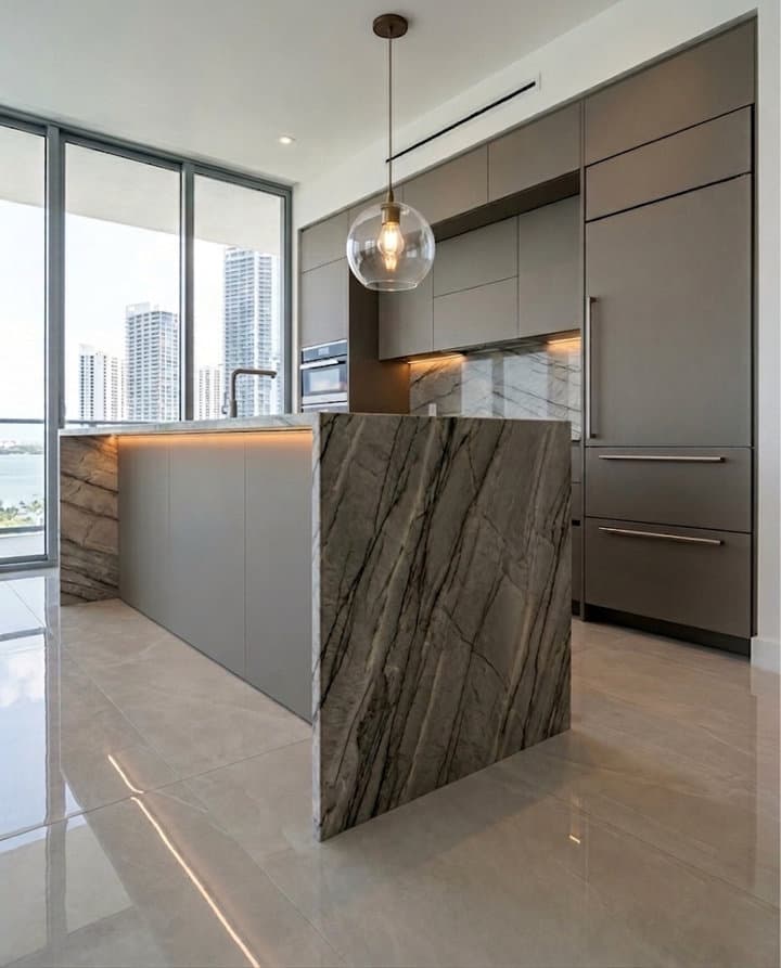 Completed luxury kitchen remodel with Italian full-custom cabinetry and book-matched quartzite