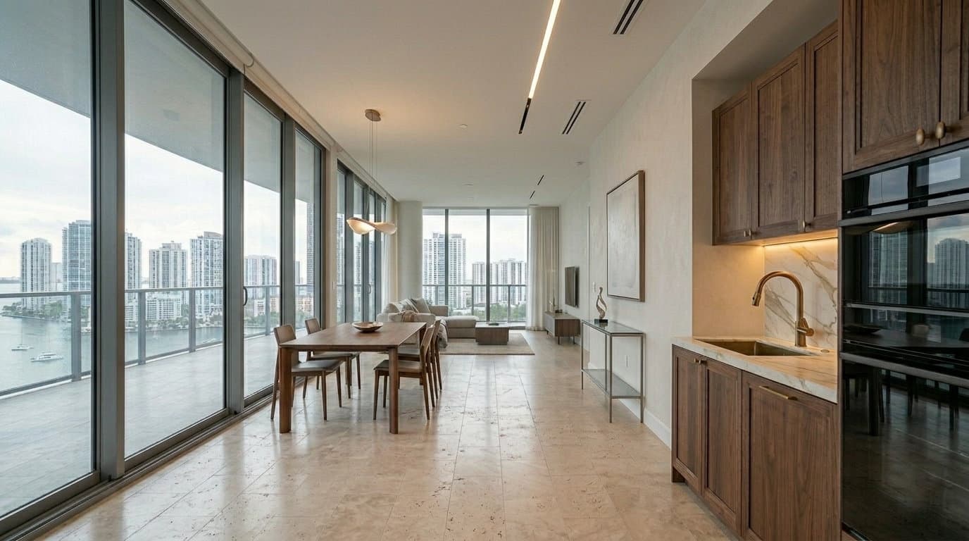 Completed kitchen with Italian full-custom fluted cabinetry and matte finish, Miami-Dade