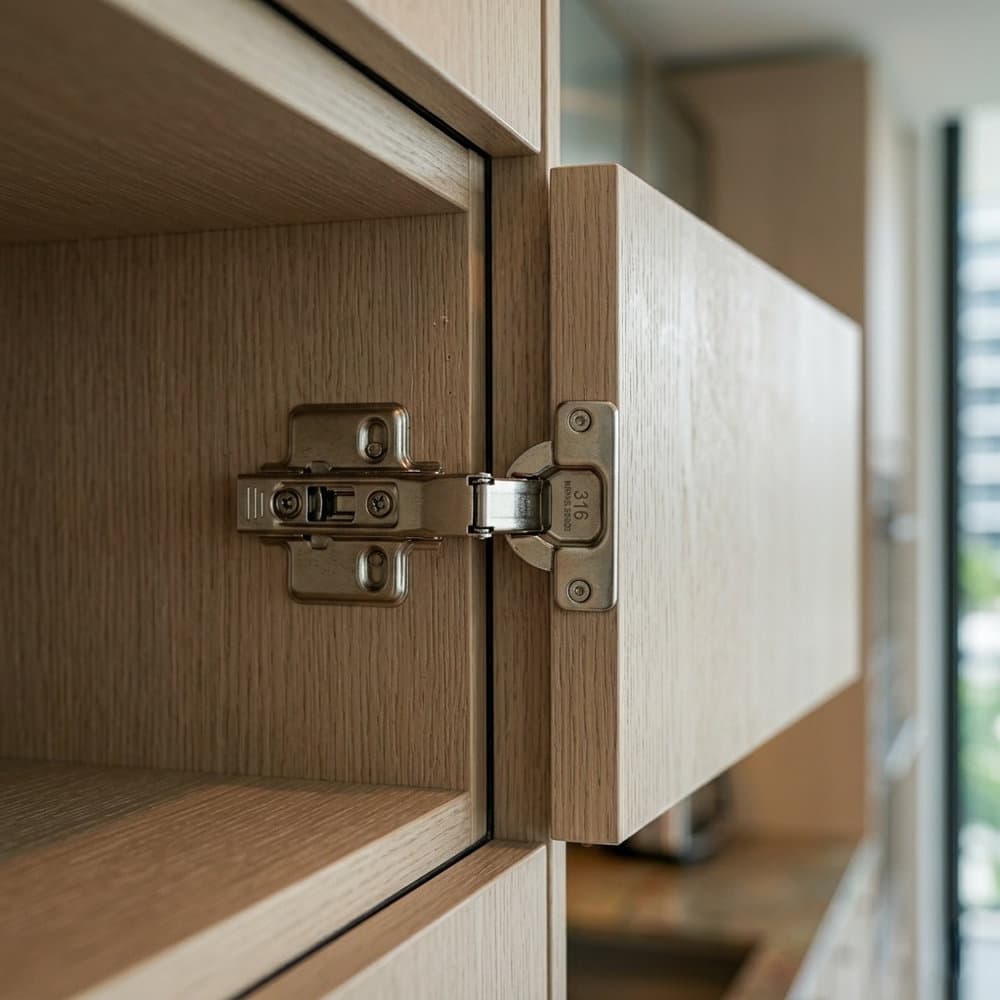Completed Miami-Dade kitchen — marine-grade 316 stainless concealed hinge on frameless cabinet