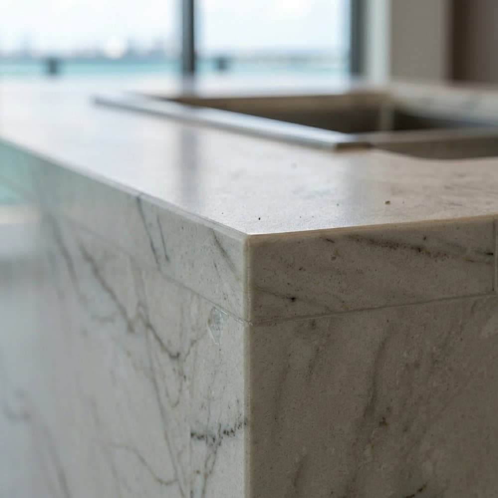Completed full-custom kitchen — mitered waterfall edge on quartzite island