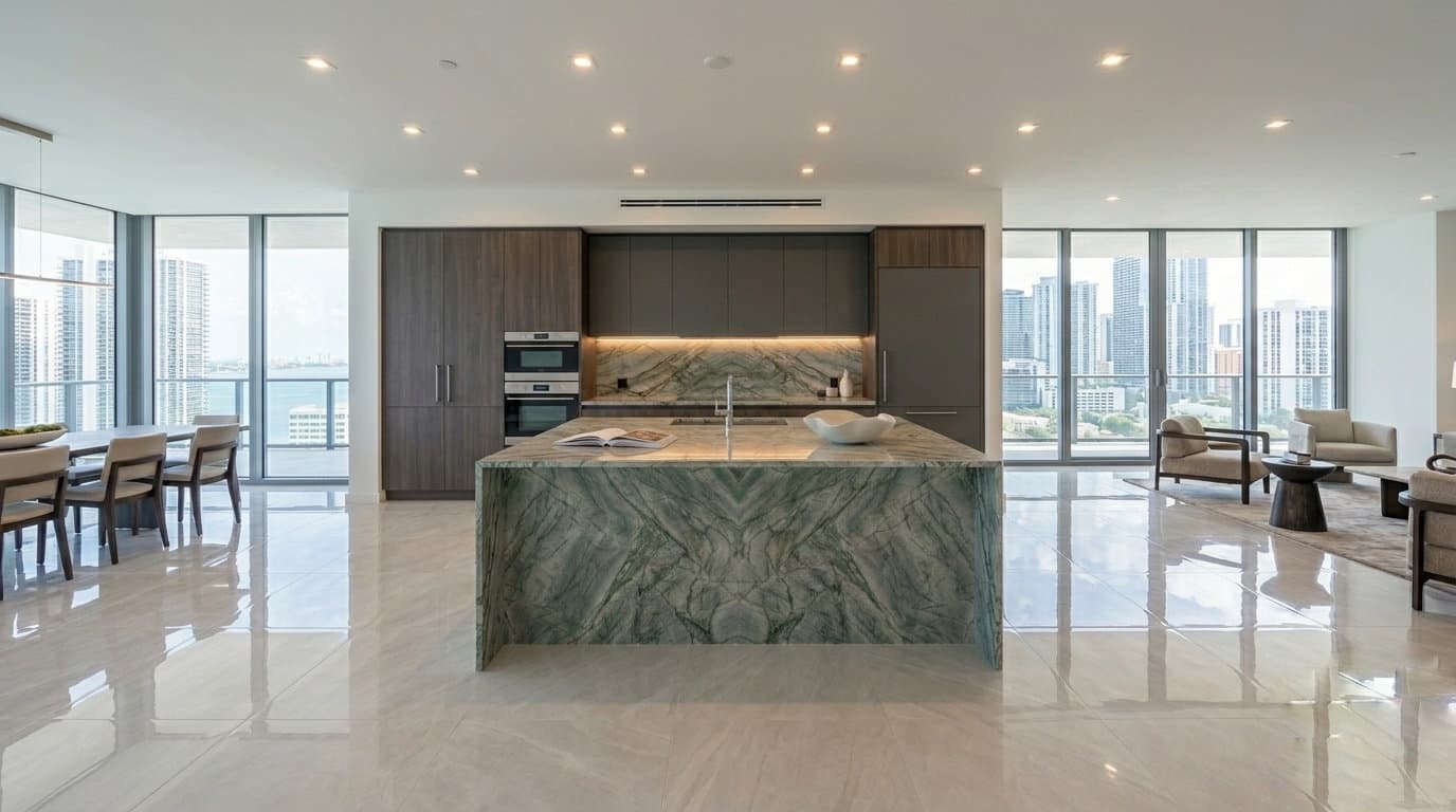 Completed kitchen with book-matched quartzite waterfall island, Miami-Dade