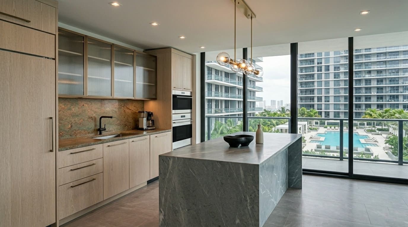 Completed coastal condo kitchen with 48-inch induction range and downdraft ventilation