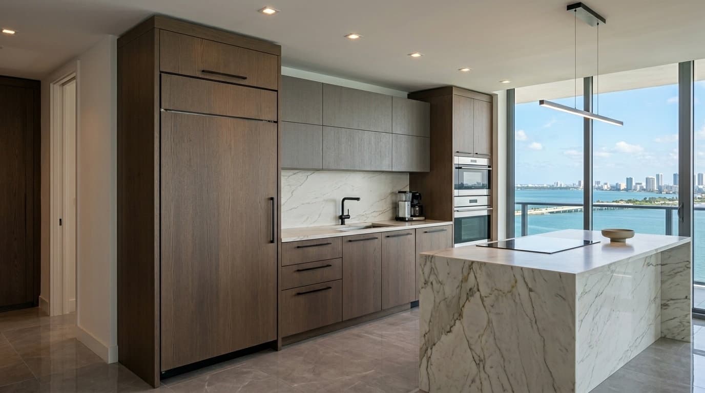 Completed Miami-Dade high-rise kitchen with paneled integrated refrigeration column