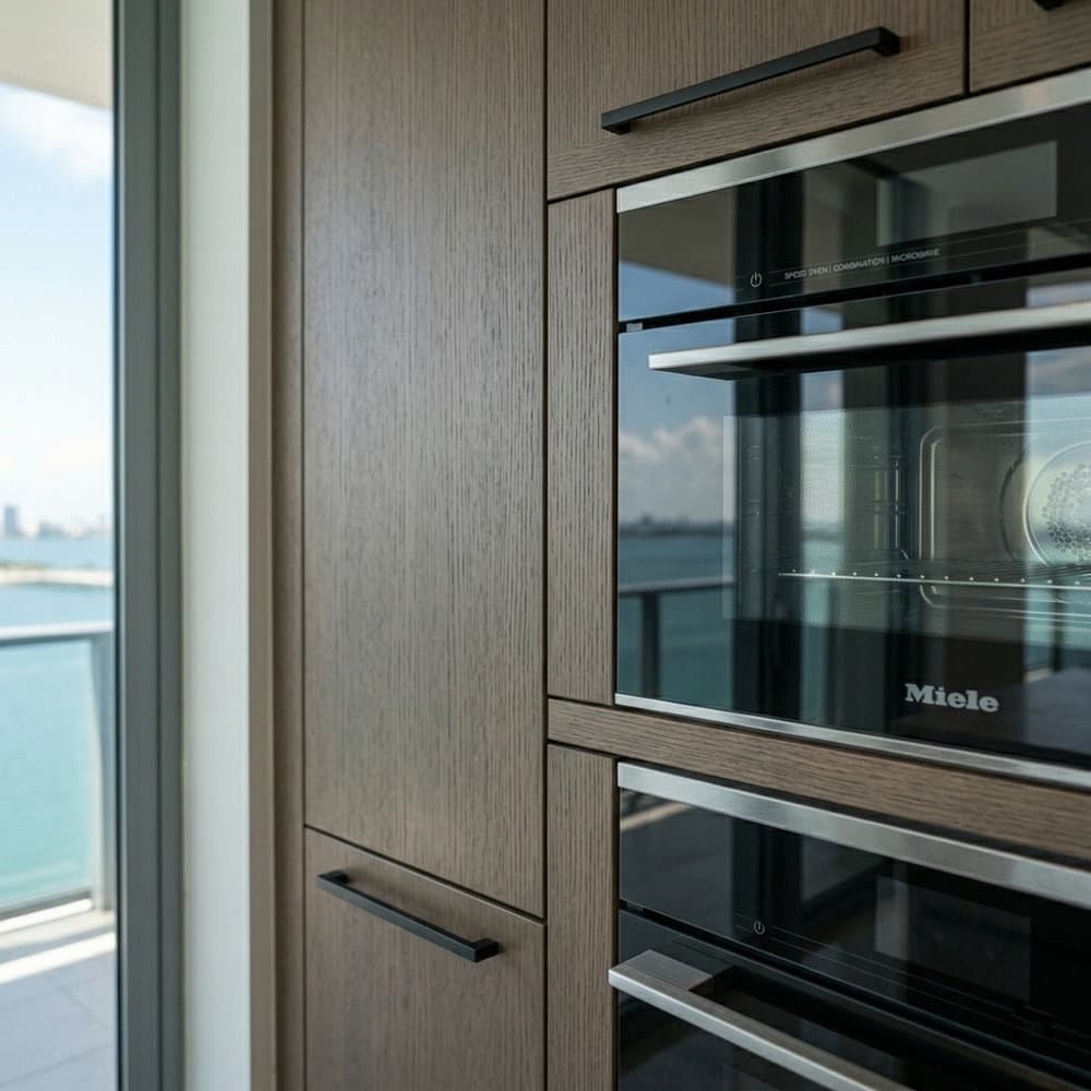 Completed luxury kitchen — built-in speed oven cluster with paneled trim