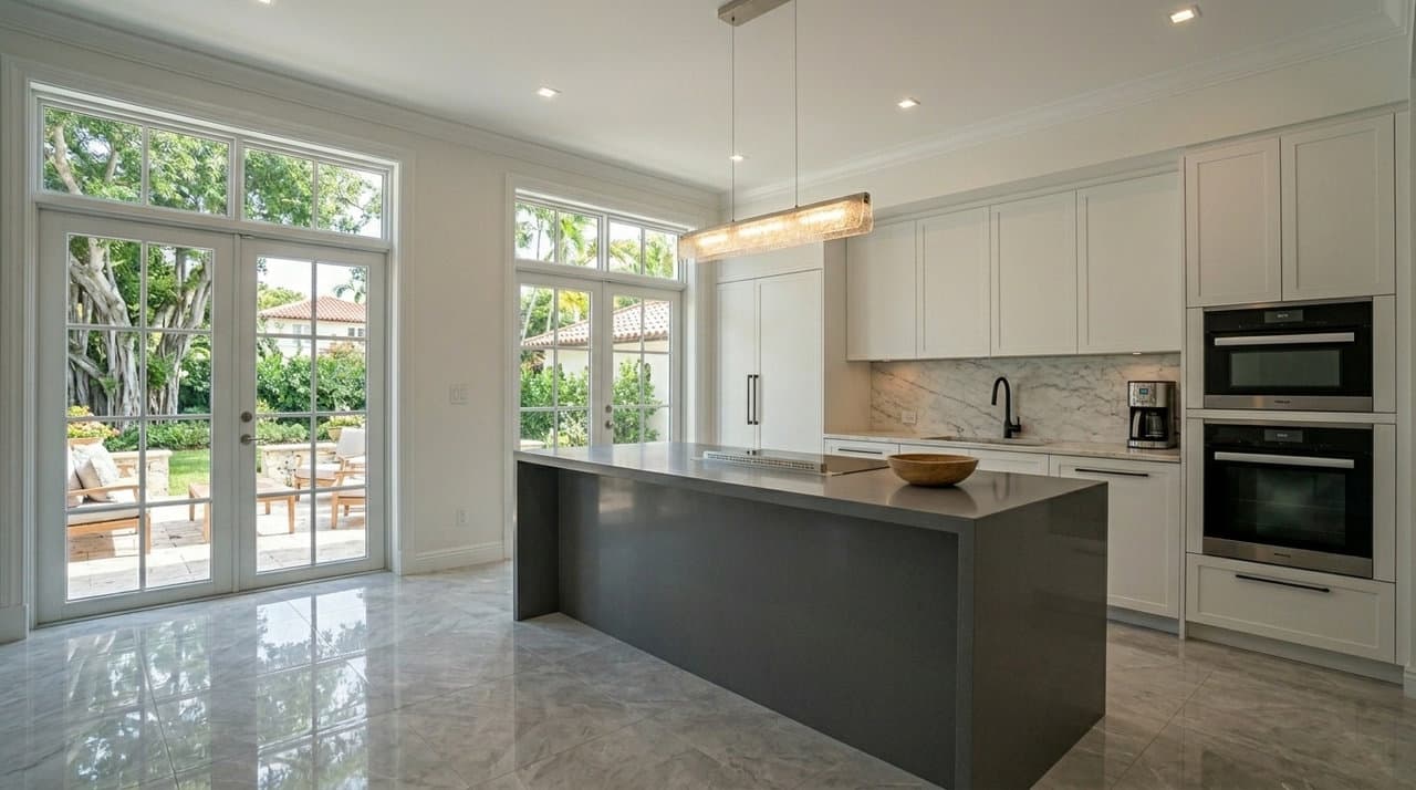 Completed kitchen remodel in a Coral Gables single-family home with wall removal and reconfigured layout