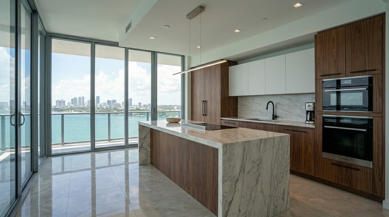 Completed kitchen remodel in a Miami-Dade high-rise condo with Italian custom cabinetry