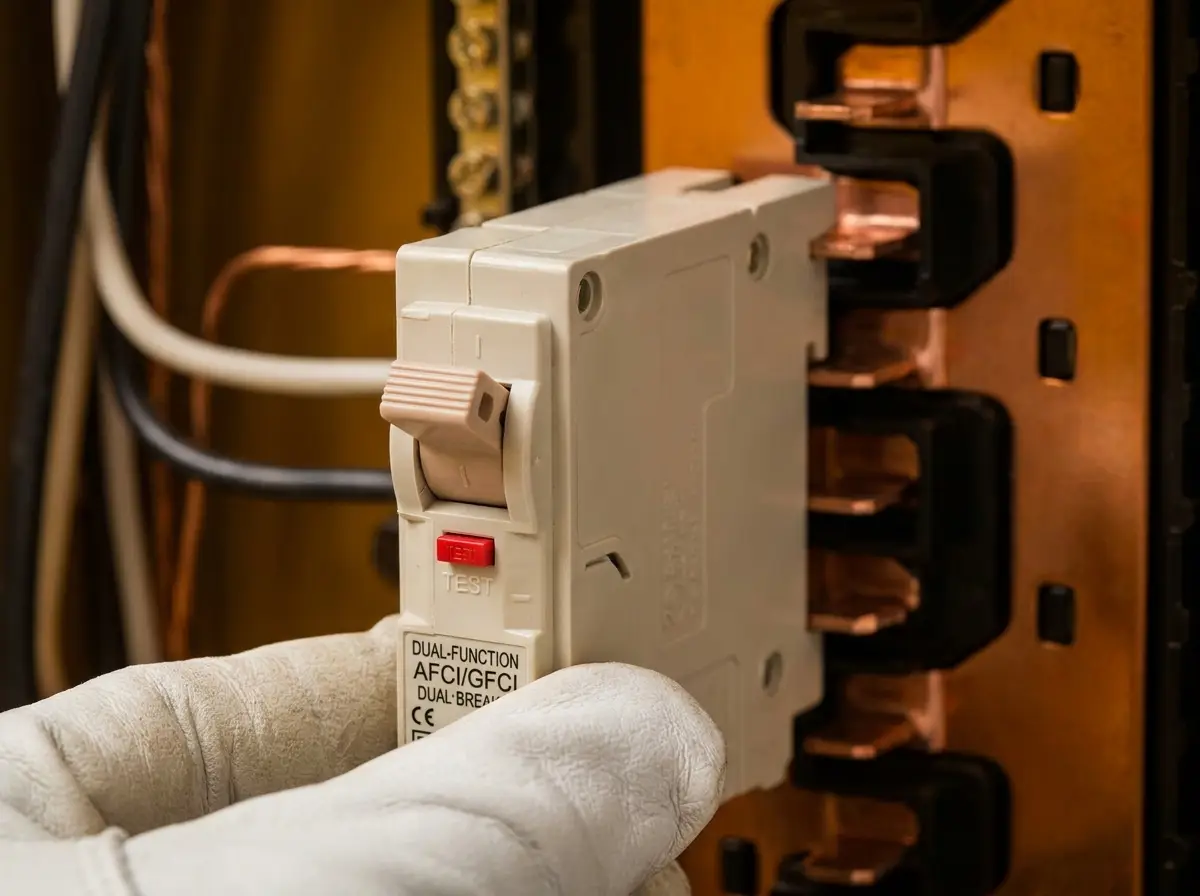 Dual-function AFCI/GFCI breaker installed at the kitchen panel