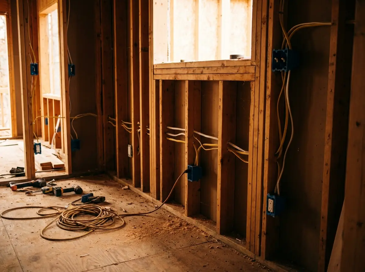 Kitchen electrical rough-in wiring before drywall, open wall cavities