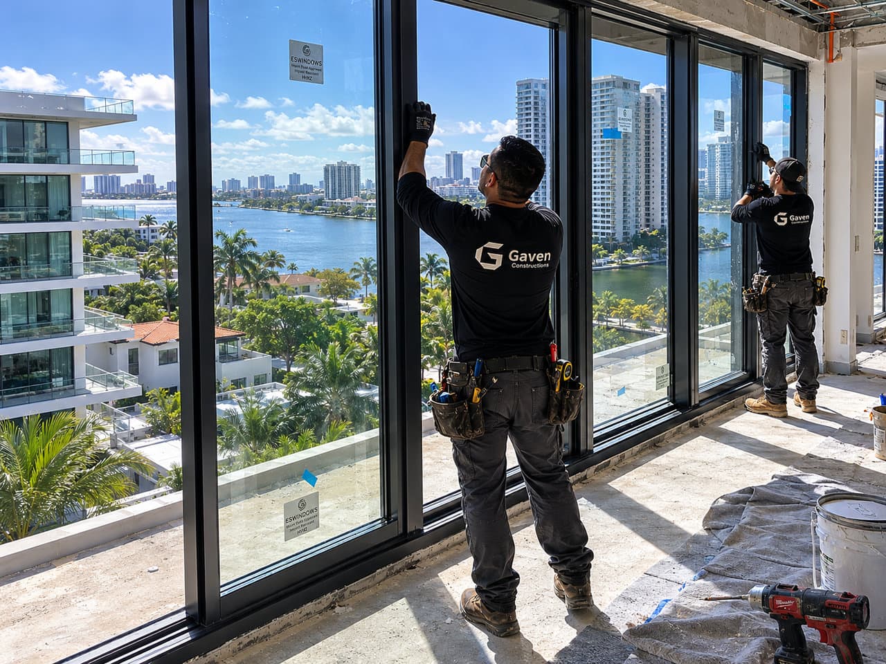 Crew installing HVHZ-rated impact sliding doors with Miami-Dade NOA labels in a bayfront high-rise