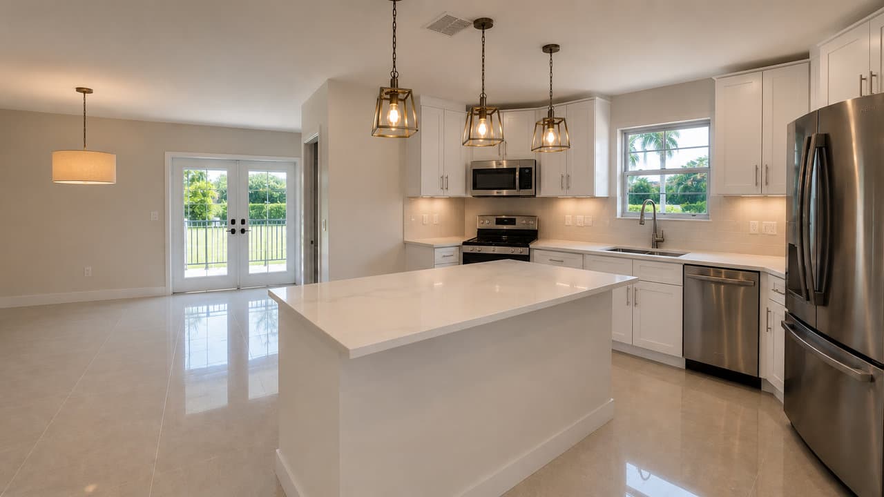 Hialeah CBS ranch single-family home, completed kitchen and bathroom remodel with HVHZ impact glass