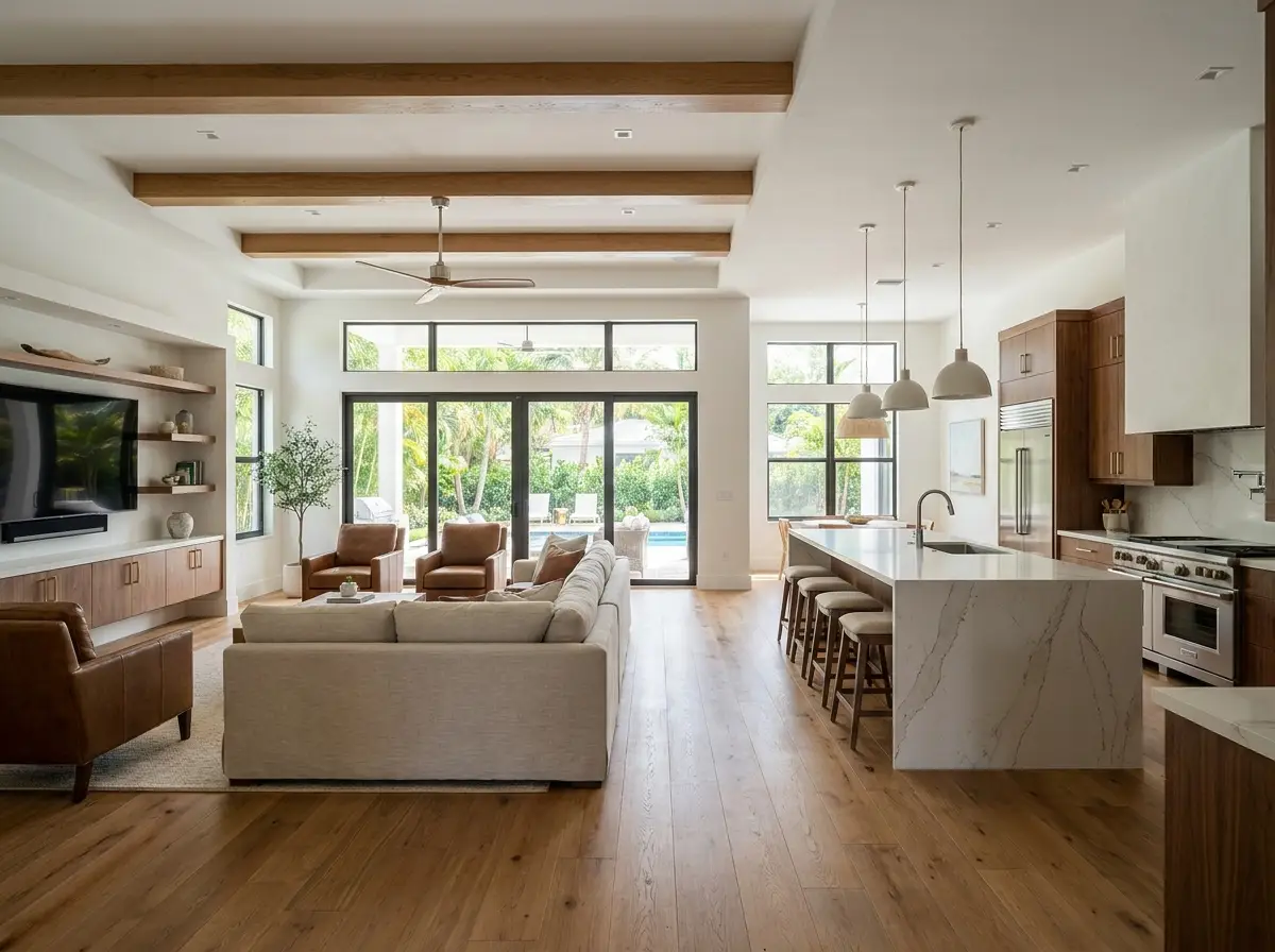 An open-concept living room flowing into a modern kitchen in a completed whole-home renovation