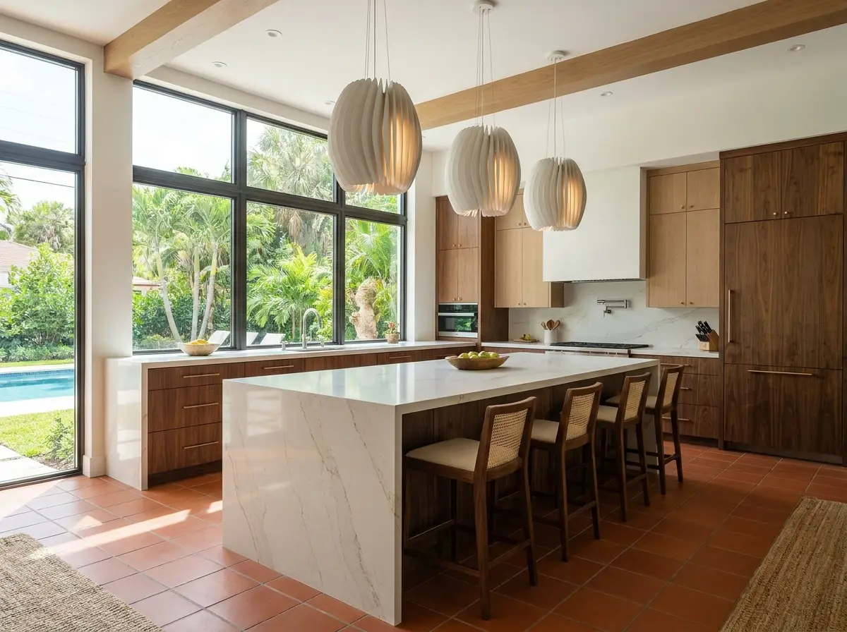 A finished modern kitchen with a large quartz island and custom cabinetry