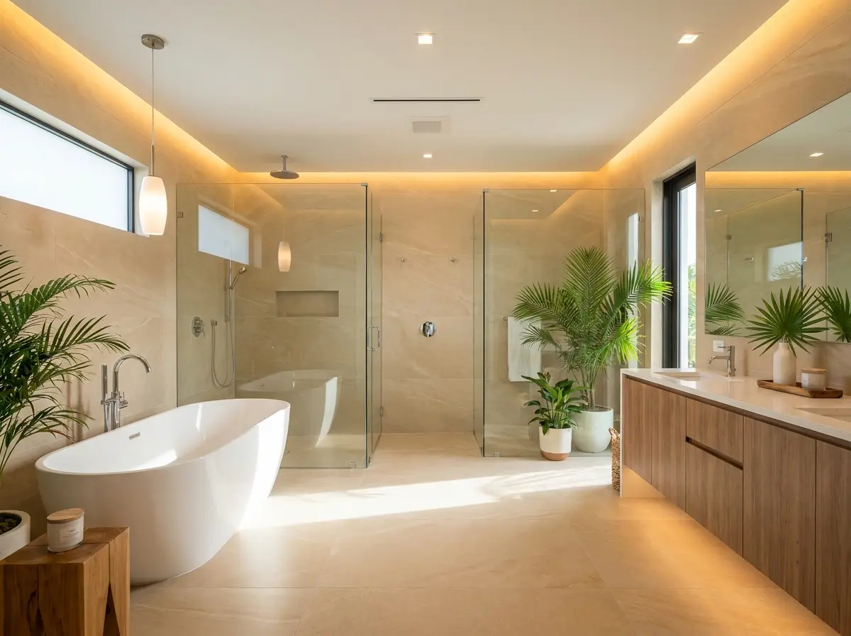 A finished primary bathroom with a freestanding tub beside a frameless glass walk-in shower