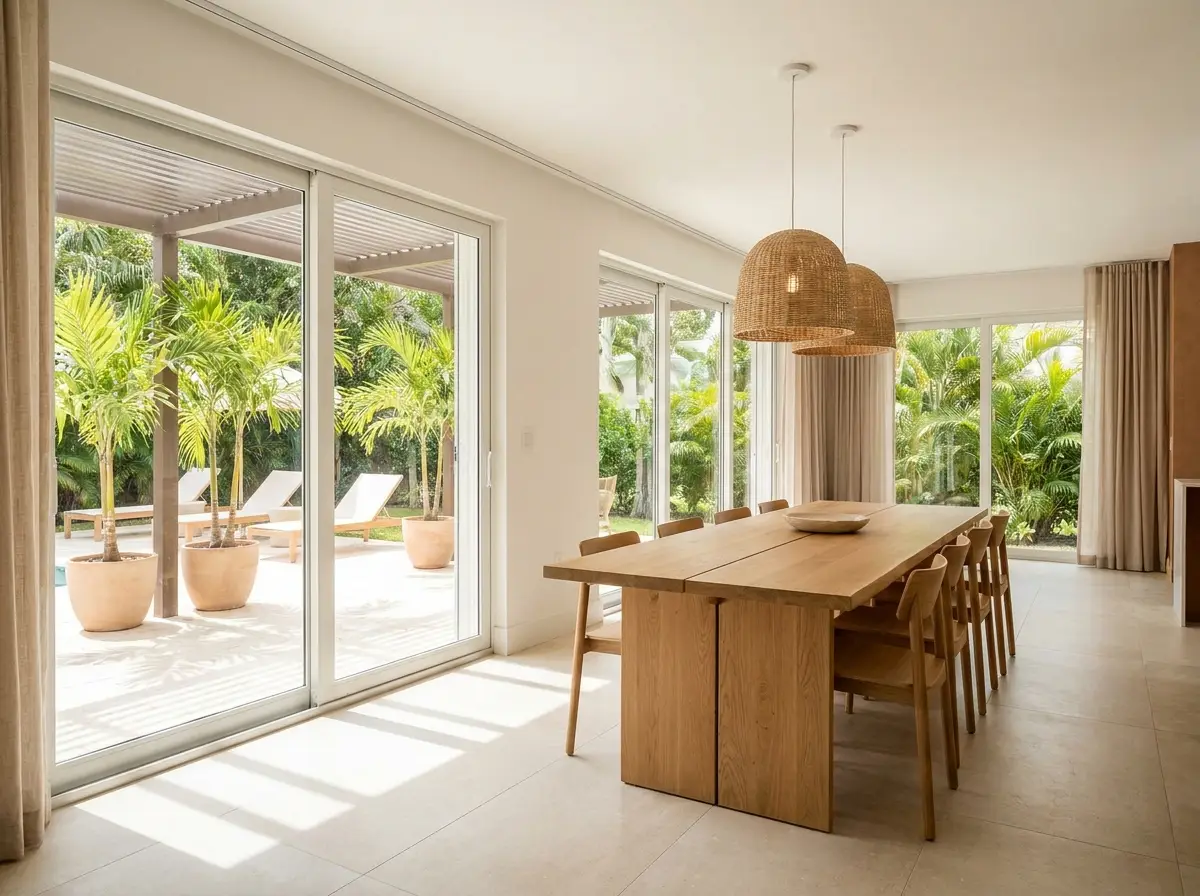 A bright dining area with large sliding glass doors in a renovated home