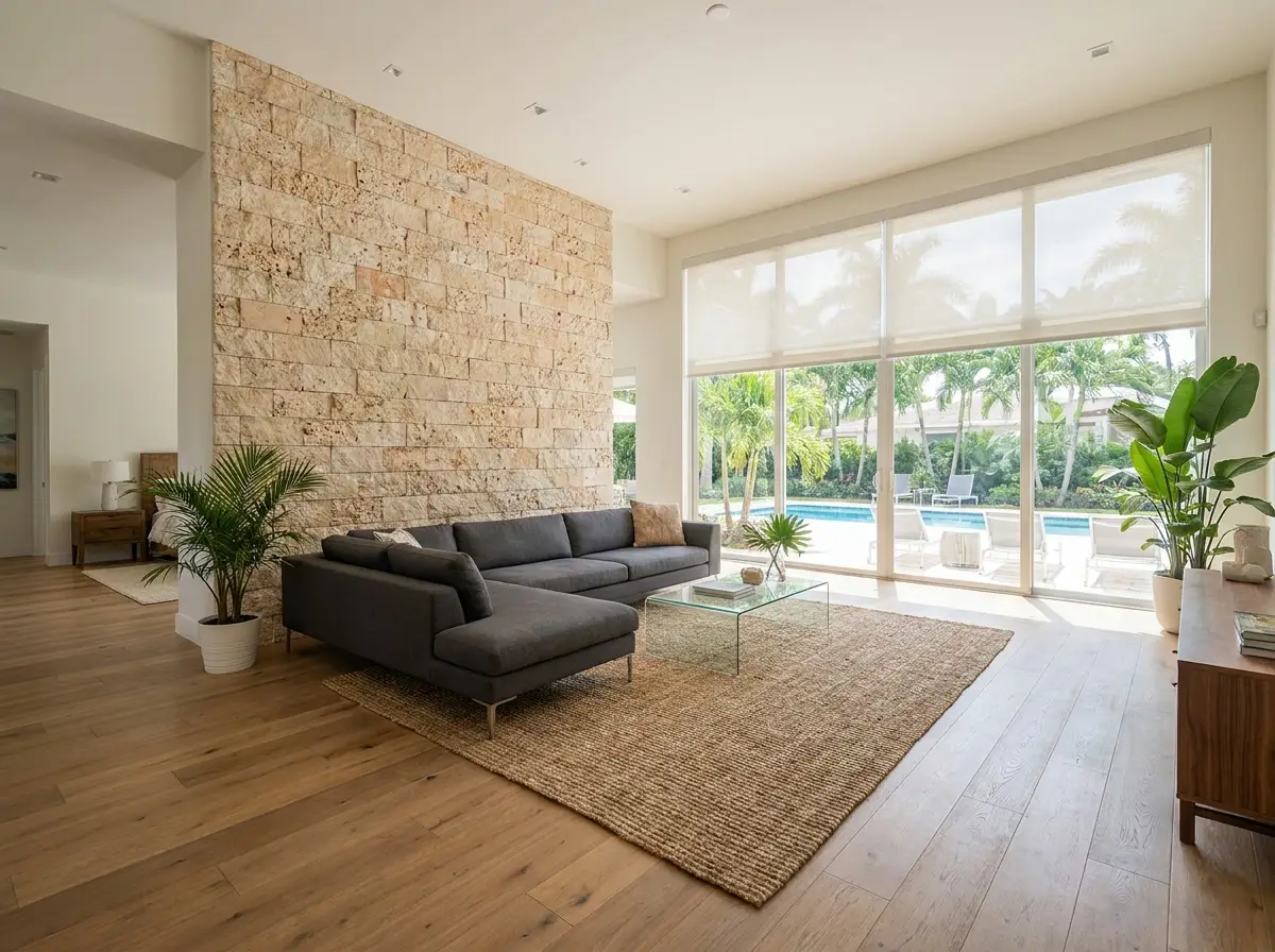 A modern living room with a stone accent wall in a full-home renovation