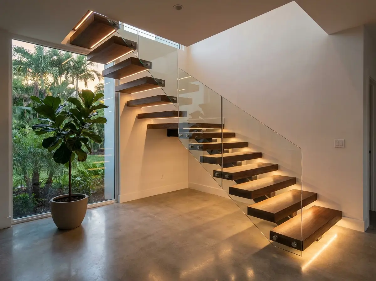 An entry foyer with a floating open staircase in a renovated modern home