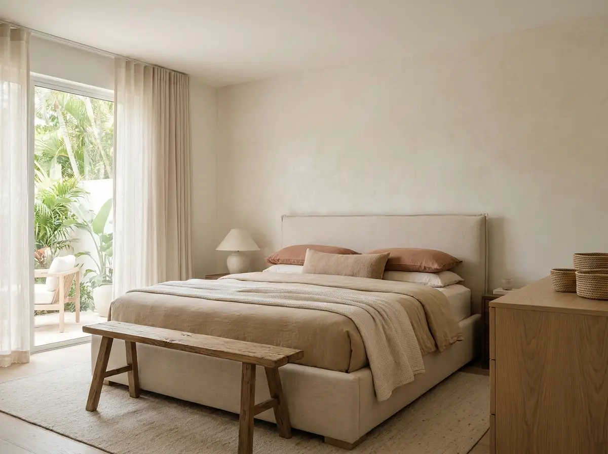 A serene primary bedroom in a whole-home renovation with warm neutral tones