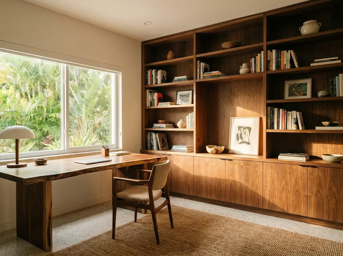 A home office with custom built-in shelving in a renovated house