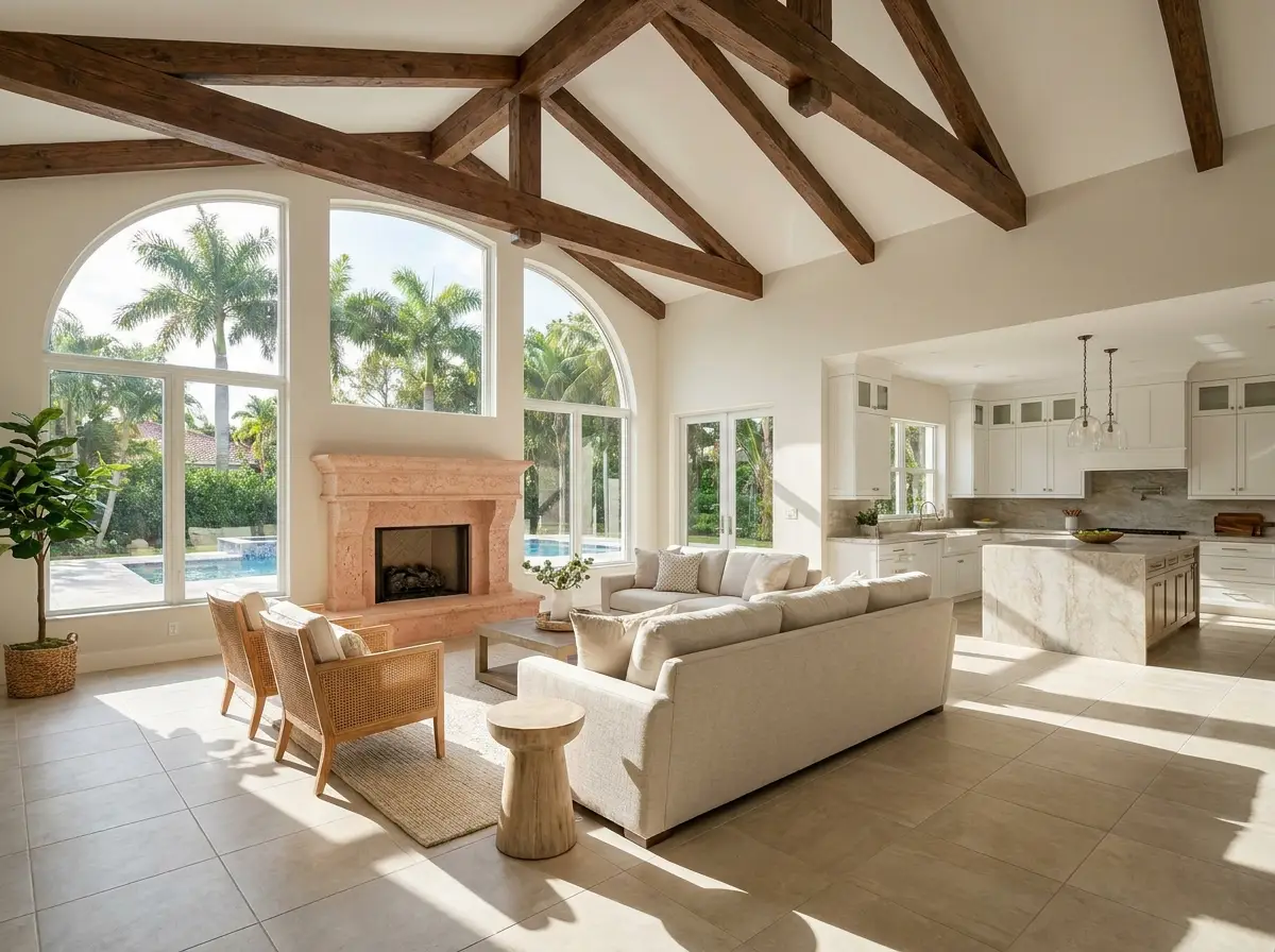 A great room with a vaulted ceiling and exposed wood beams in a whole-home renovation
