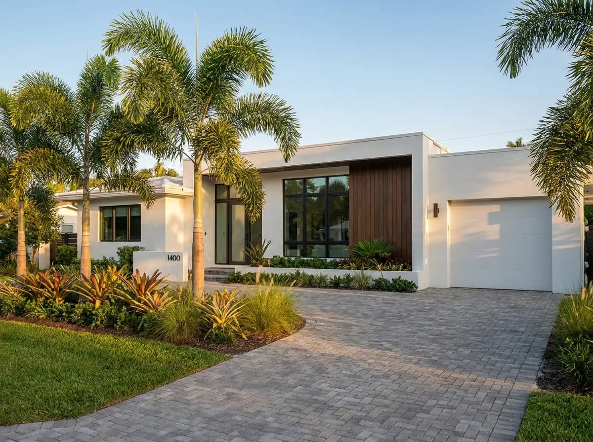 The exterior of a renovated single-family South Florida home with a modern facade