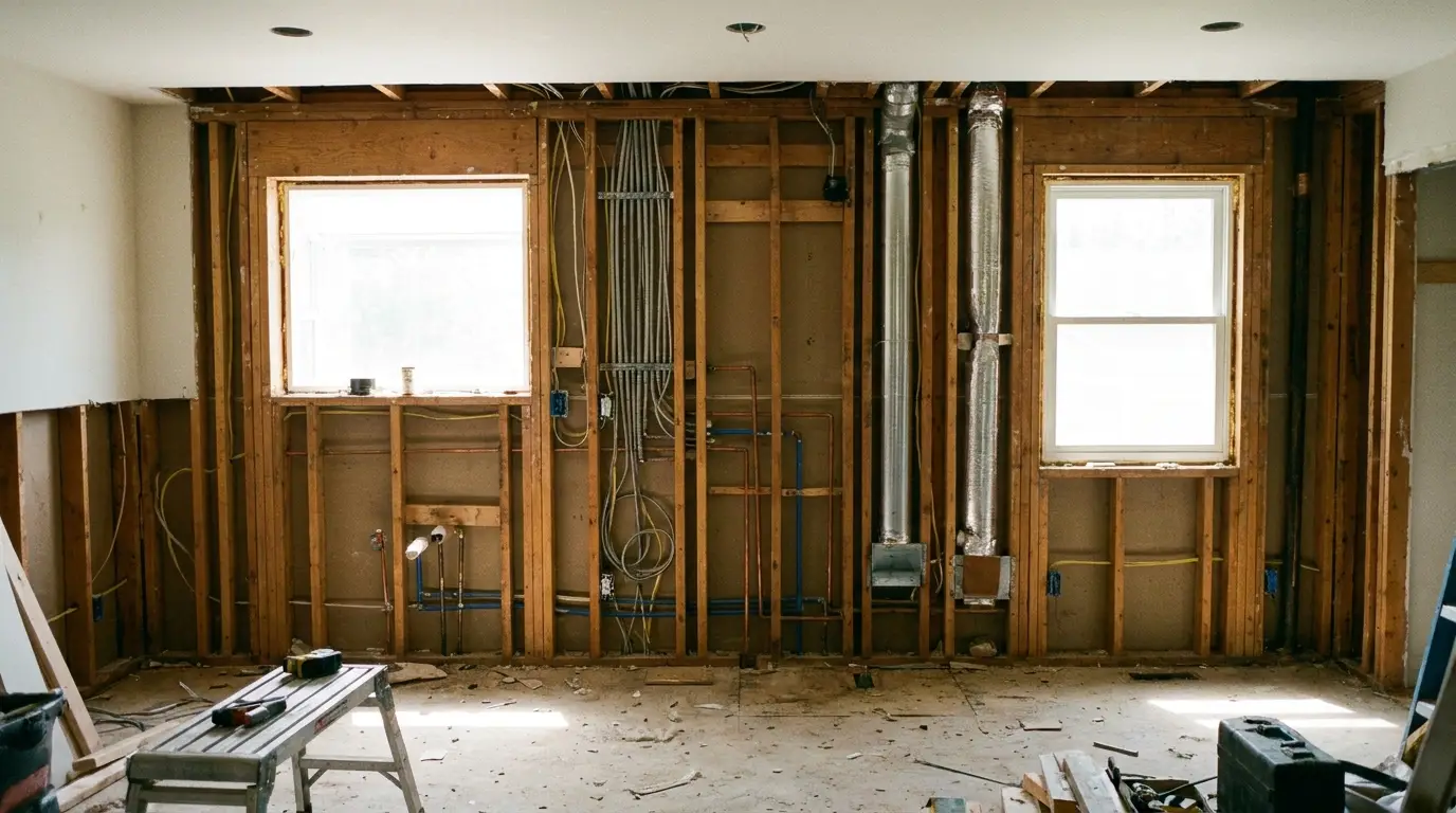 A home remodel in the rough-trade phase with framing and pipes visible before drywall