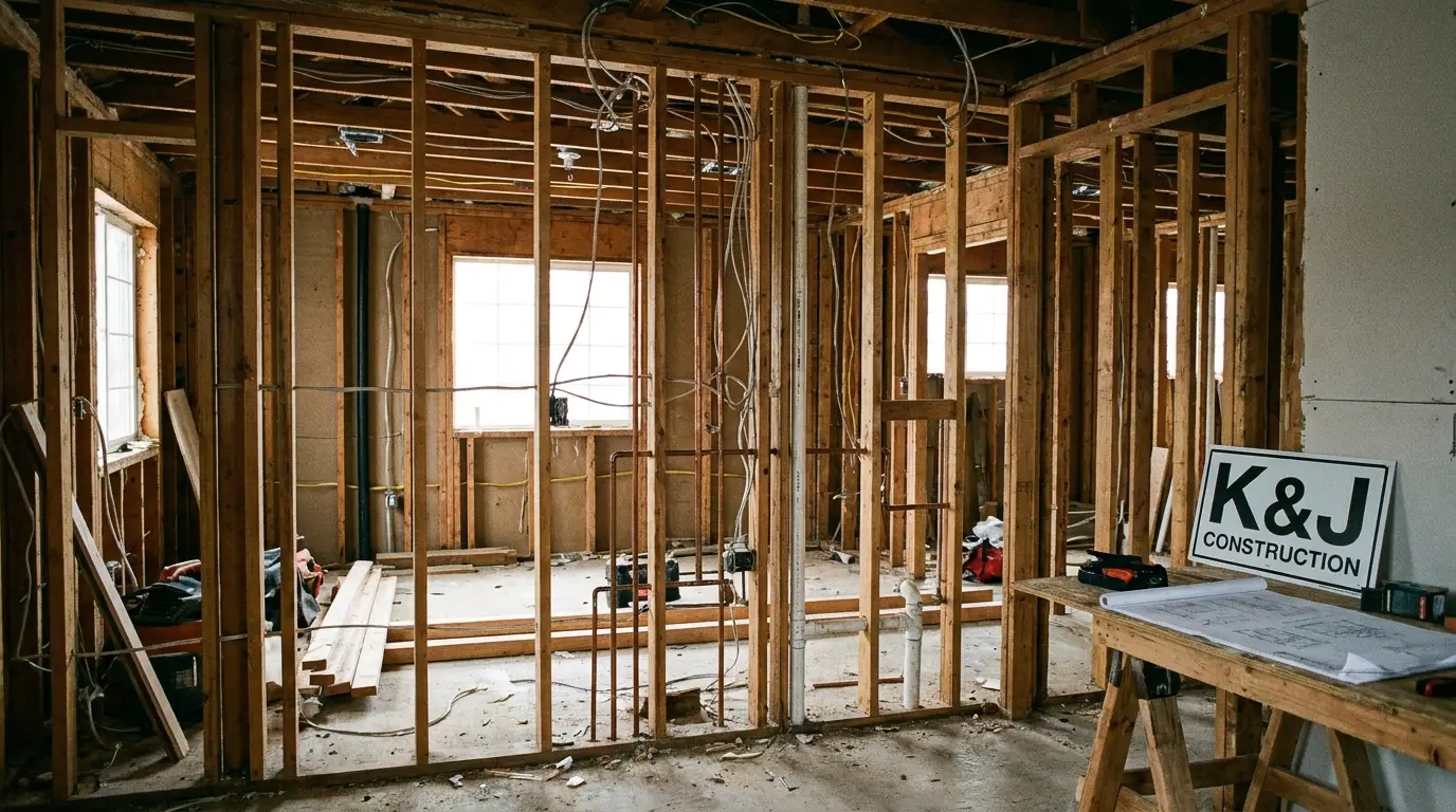 Wood framing with exposed electrical and plumbing rough-ins during a home remodel before drywall