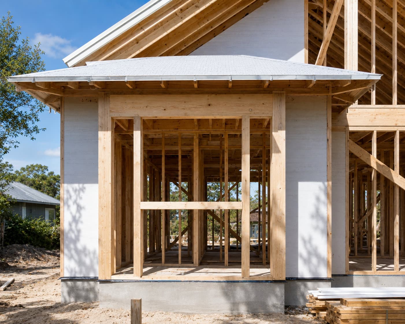 A small framed structure on a concrete stem-wall foundation, with its porch roof framed and sheathed