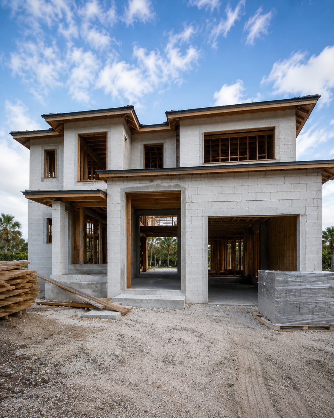 A South Florida house under construction with framing lumber stacked on the ground beside it