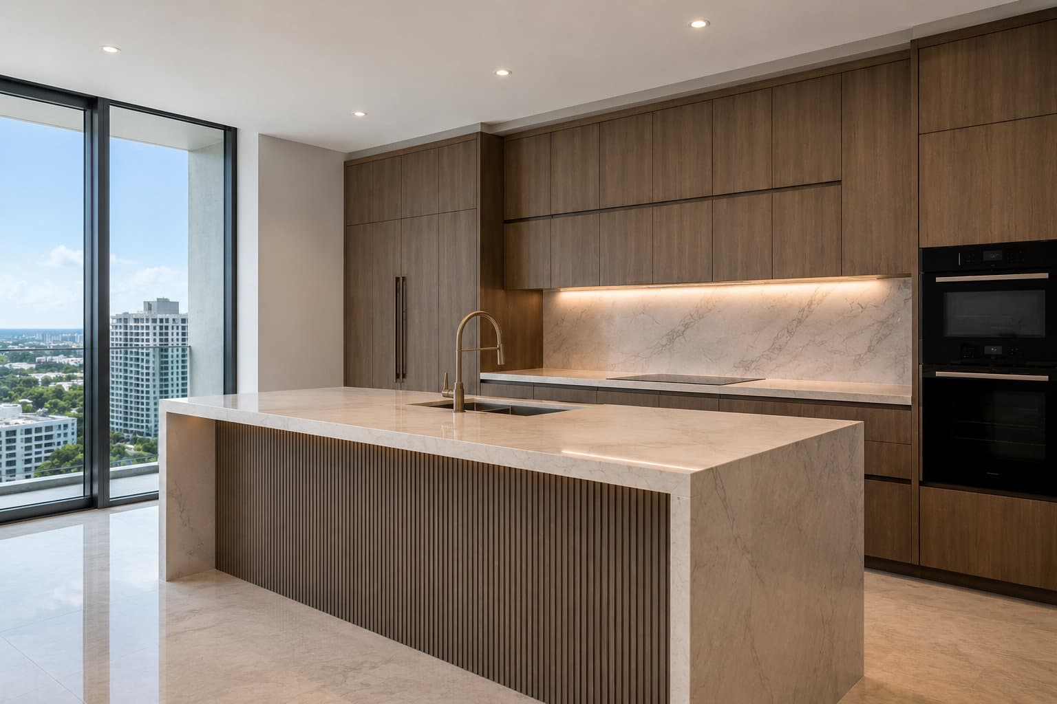 Aventura high-rise condo interior remodel — Williams Island tower kitchen view