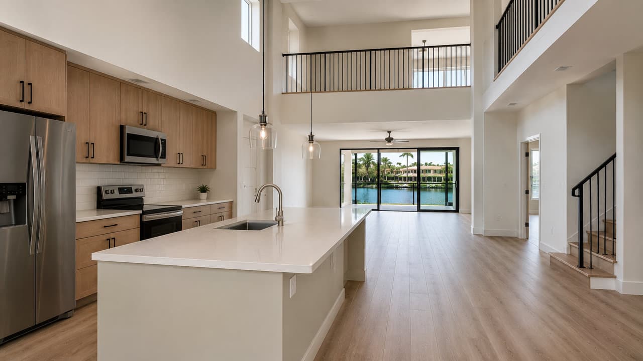 Aventura Lakes two-story single-family whole-home renovation — open-concept kitchen and impact glazing