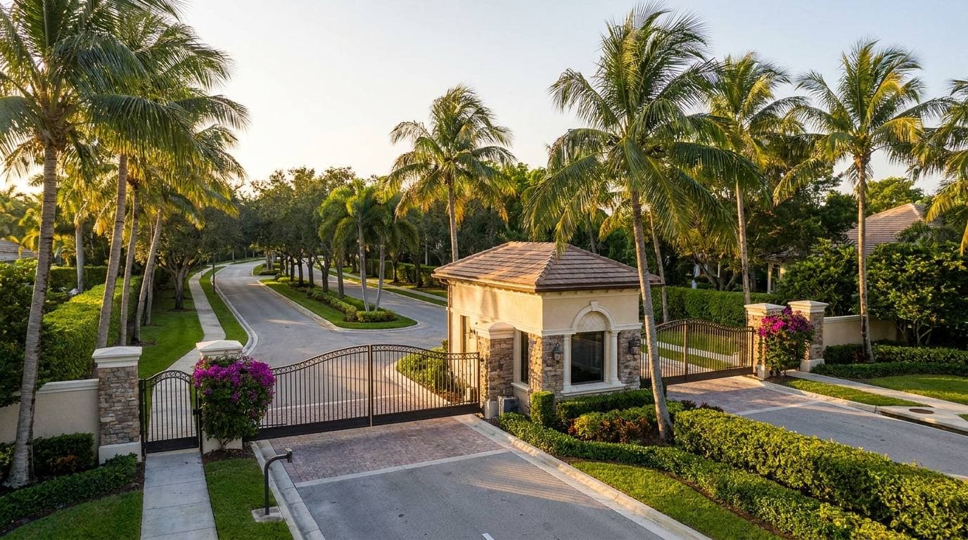 Boca Raton country club entrance with mature landscape and gated community signage, representative of the named ARB-managed communities like Royal Palm Yacht Club, Broken Sound, and Boca West
