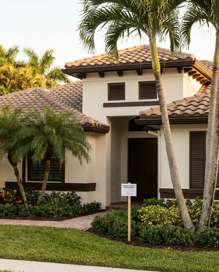 Boca Raton ARB-approved exterior renovation in country-club community with posted City of Boca Raton building permit