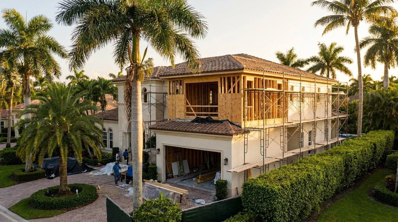 Boca Raton single-family home with second-story addition under construction, country-club community ARB-approved exterior elevation