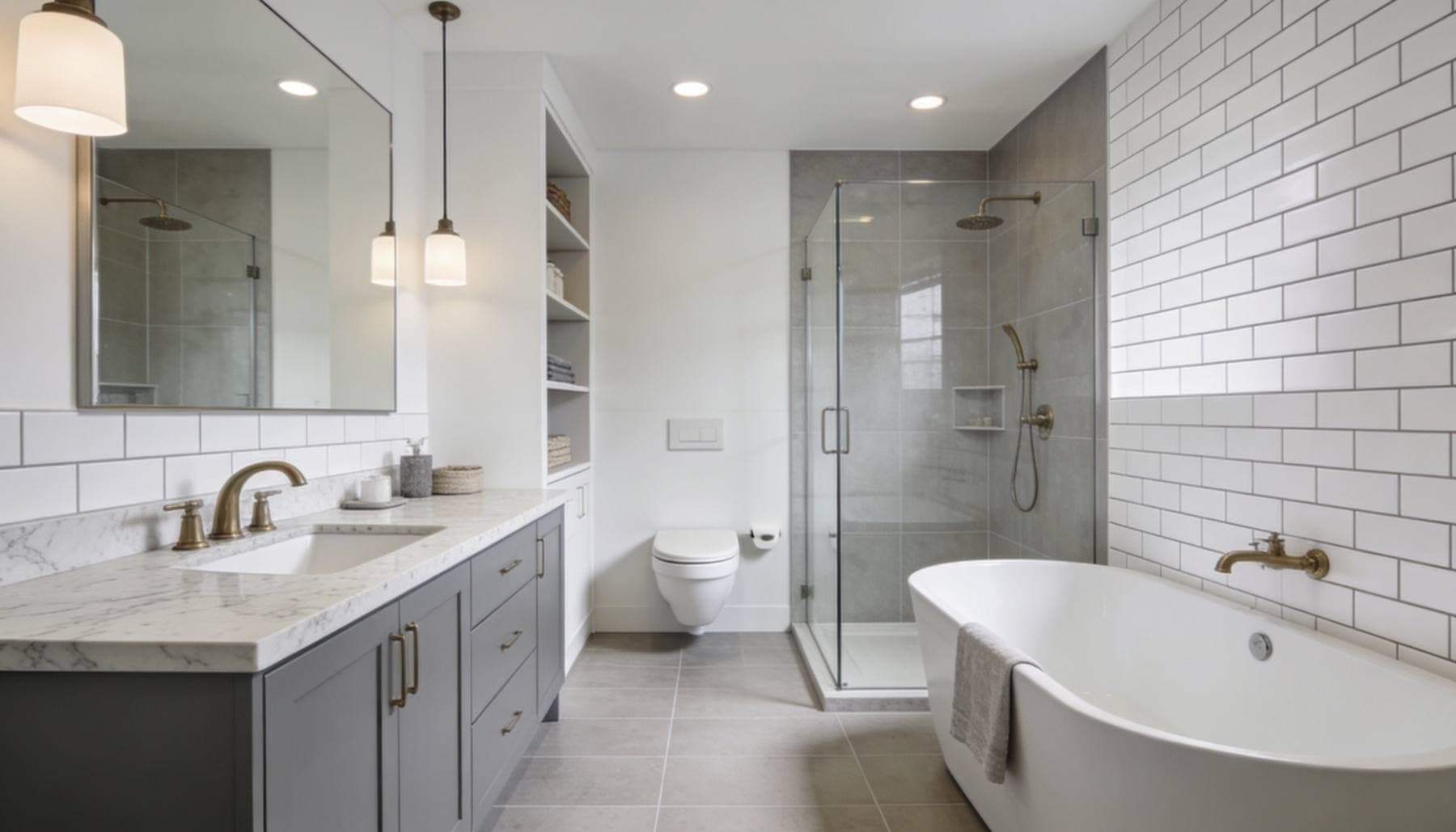 Completed bathroom remodel with a floating wood vanity and a freestanding soaking tub and a glass-enclosed walk-in shower
