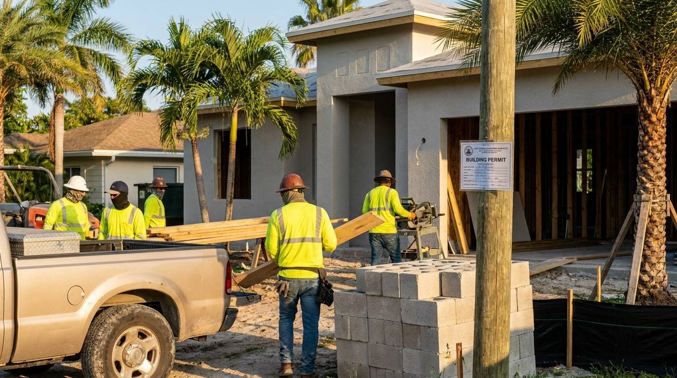 Florida CGC1524886 Gaven Constructions general contractor team on active Boca Raton jobsite with posted City of Boca Raton building permit