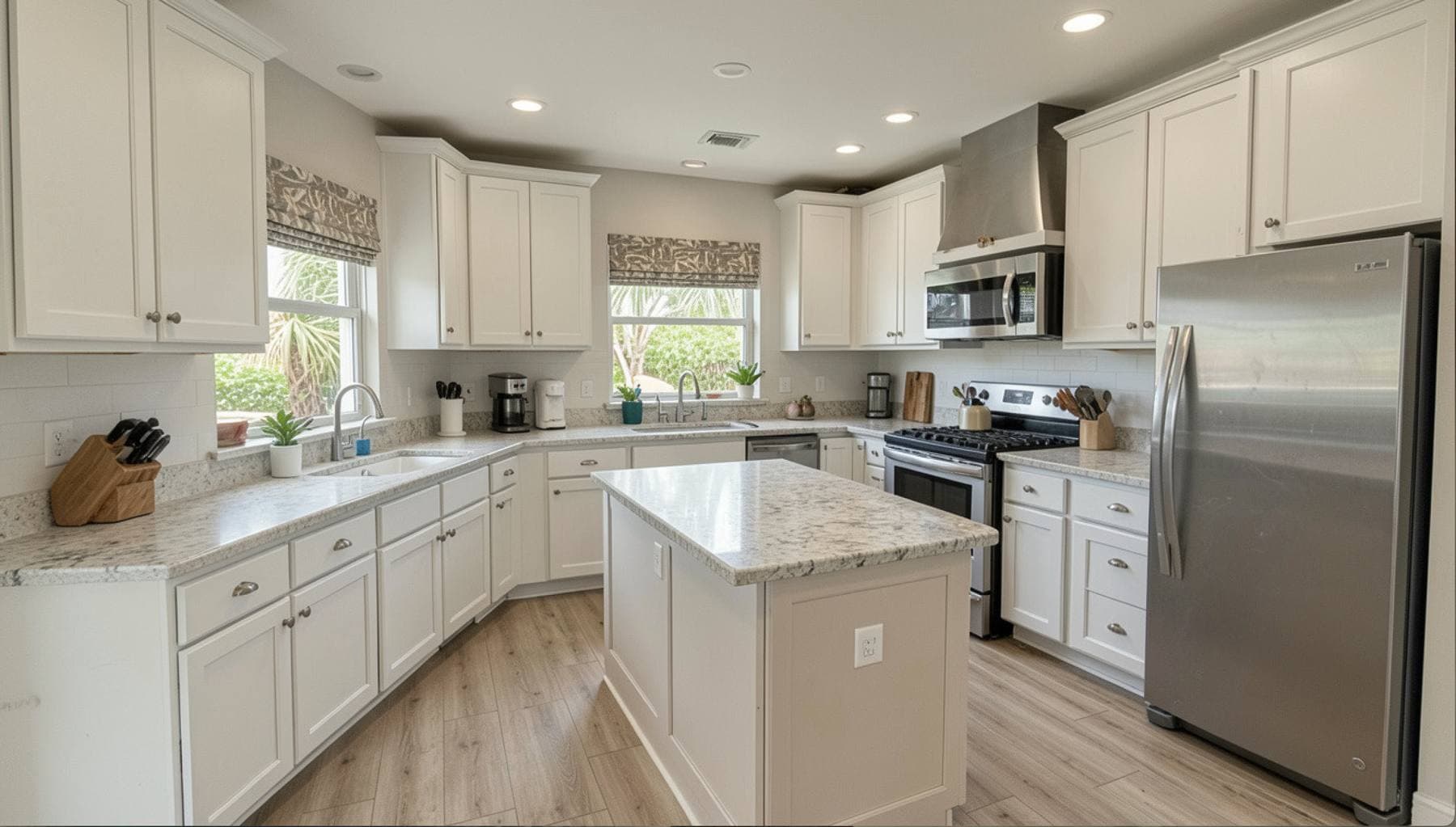 Completed kitchen remodel with white shaker cabinetry, a center island with pendant lighting, and stainless steel appliances