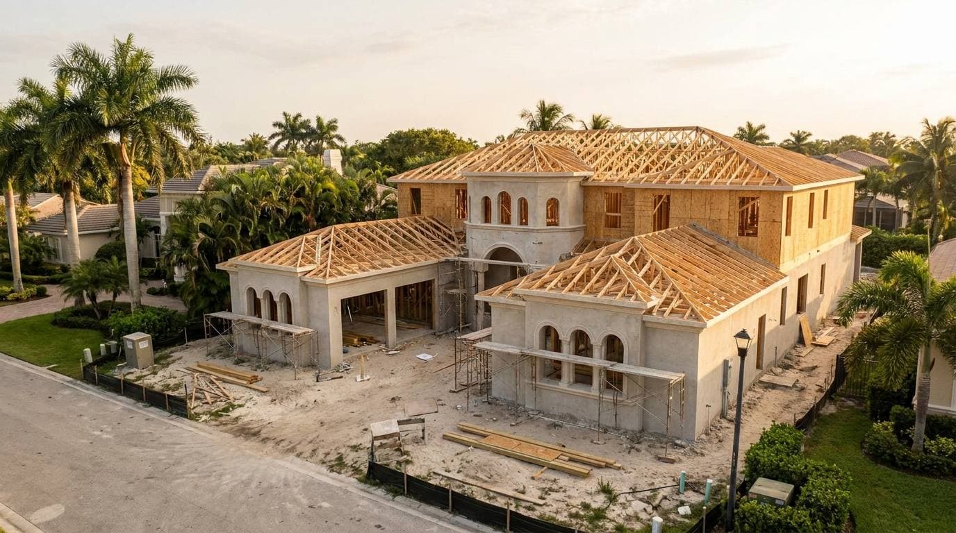 Custom single-family ground-up new construction on Boca Raton infill lot, Mediterranean Revival architectural detailing under FBC 8th Edition envelope