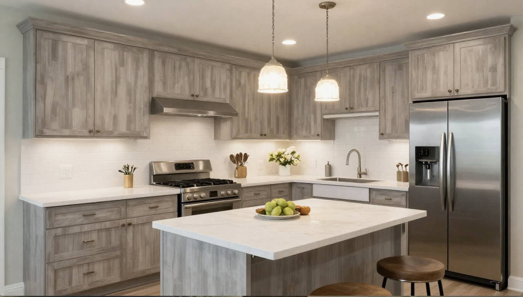 Completed kitchen remodel with white shaker cabinetry, a center island with pendant lighting, and stainless steel appliances